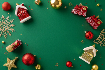 Get ready for the countdown! Top view red and gold balls, festive train and house-shaped Christmas tree toys, confetti create delightful scene against green backdrop, inviting your New Year's wishes - obrazy, fototapety, plakaty