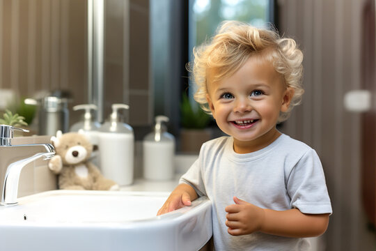 A little boy that is standing in front of sink in bathroom and wash his hands.