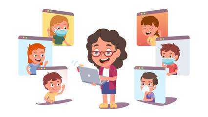 Teacher woman, kids students online class concept
