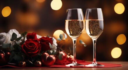 rose with champagne and sparkling lights