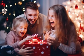 Obraz na płótnie Canvas happy family with Merry Christmas magic gift near tree at evening at home