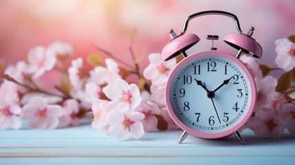 pink alarm clock in the cherry blossom background