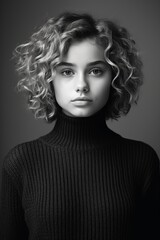 Front portrait Black and white film on a neutral background of a young girl with blond curly hair dressed in a black turtleneck sweater