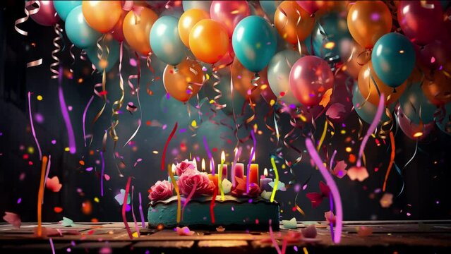 Vibrant birthday party scene with colorful balloons, confetti, and a cake adorned with roses and candles, exuding joy and celebration - perfect for festive       generative Ai  
