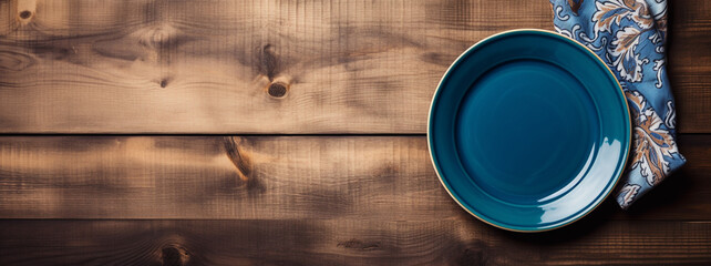 A blue plate stands on a wooden table. AI Generated