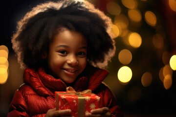 Fototapeta na wymiar A young girl by the lights, opening a beautifully wrapped Christmas gift with a festive background.