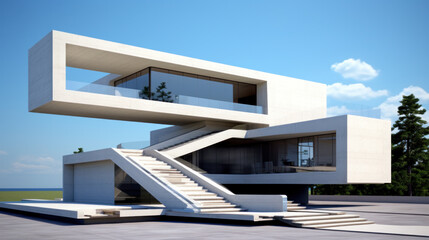 Generic geometric minimalist white architecture on a clear sunny day.