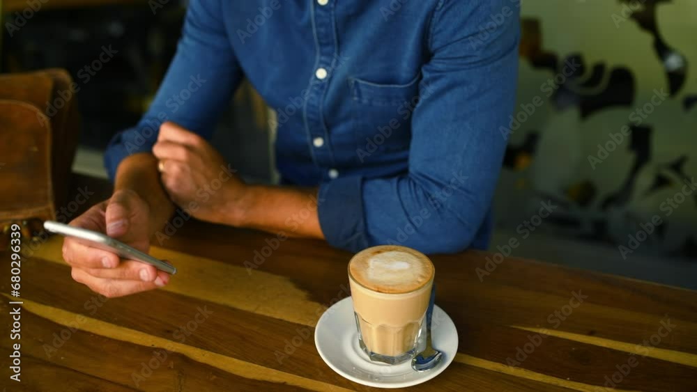 Poster hands, phone and coffee with a customer in a cafe closeup from above for social media or communicati