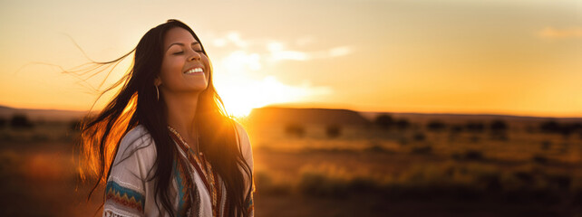 Backlit Portrait of calm happy smiling free Native American woman with looking away enjoys a beautiful moment life on the fields at sunset - obrazy, fototapety, plakaty