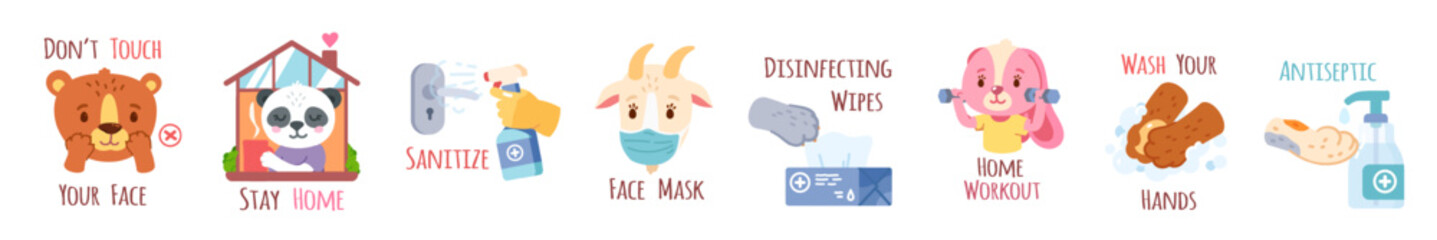 Cute animal children corona virus prevention measures set. Sanitiser, antiseptic, stay at home, wash hands, wear face mask, disinfecting wipes, Funny kids sticker poster. Flat vector illustration