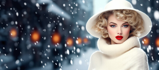 Obraz na płótnie Canvas Elegant woman with wavy blonde hair, red lips and cream outfit in snowy evening, blurred lights in background