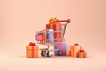 Supermarket cart with gift boxes with ribbons and bows. E commerce.
