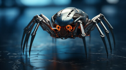Metallic robot spider in blurred futuristic ambience