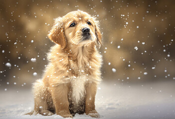 A puppy sitting in the snow. AI Generated