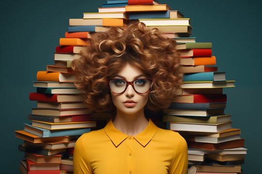 curly woman wearing reading glasses standing in front of a pile of books. Erudition is most important in life. Generative AI
