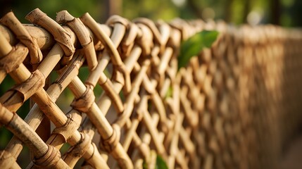 Zoom in on the intricate patterns of a woven bamboo fence in a garden.