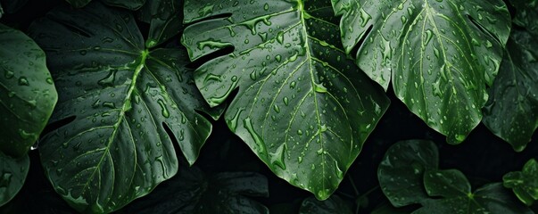 Zoom in on the intricate patterns of a rain-soaked leaf in a lush forest.