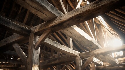 Zoom in on the rustic wooden beams of an ancient barn.