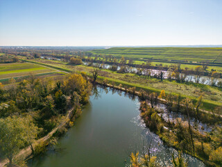 Naklejka premium Hidden lakes on the eastern part of Zagreb city, Croatia, created by the Sava river tributaries, now used for fishing and walking in nature with Jakusevac garbage dump on the south side of Sava river