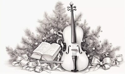 New Year's composition of Christmas trees and New Year's toys. Engraving of raster illustrations. Violin with a scratch imitation. black and white, AI generator