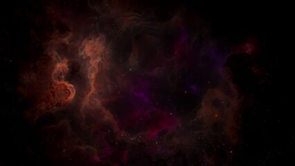 Colorful galaxy nebulae and stars and flight through space. Orange purple shining dark nebula. artistic concept 3D illustration for space exploration and science fiction.