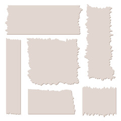 Set of brown paper sheets with shadows. Pieces of decorative tape for scrapbooks. Washi tapes collection in vector. Ripped paper. Torn pieces of paper from a notebook