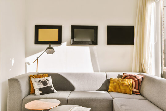 Living room with couch and picture frames
