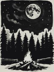 illustrazione di fuco di legna che arde allegramente all'aperto in un note di luna piena con cielo stellato, inchiostro su carta

