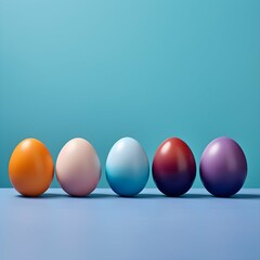 Easter eggs in a row on pastel background with copy space.