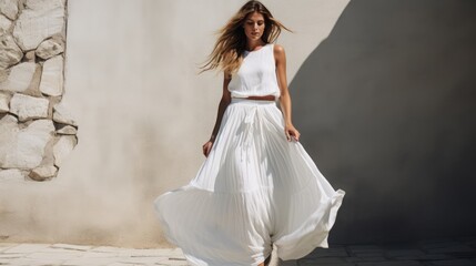 attractive woman, white maxi linen dress, concept: summer fashion