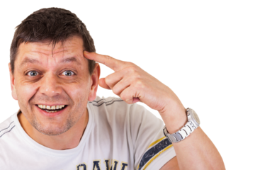 A man points his index finger to his head, he shows, you are not right in the brain, you have a screw loose, isolated on a transparent or white background.