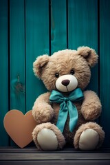 Smiling brown teddy bear sitting on the wooden background with couple of hearts. Togetherness and friendship concept. Front view. Closeup.	