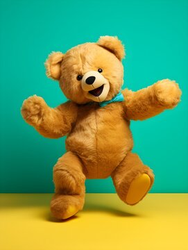 Happy teddy bear on pastel background. Funny wallpaper. Isolated. Aesthetic. Flat lay. 