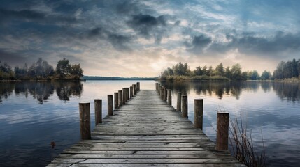 Capture the weathered textures of a wooden fishing pier on a tranquil lake.