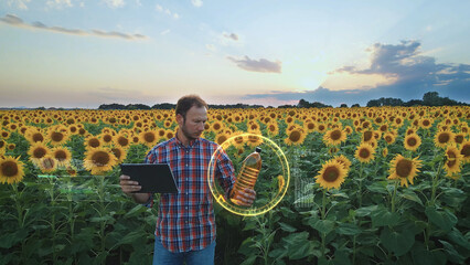 Modern farmer checking quality of sunflower oil at a Helianthus field - 3D graphic - obrazy, fototapety, plakaty
