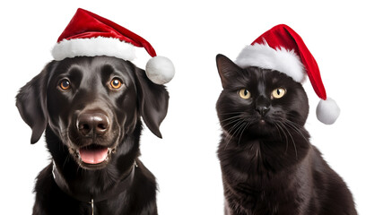 Santa Hat Decked Black Dog and Cat: The Christmas Pet Set isolated on transparent background - Generative AI	