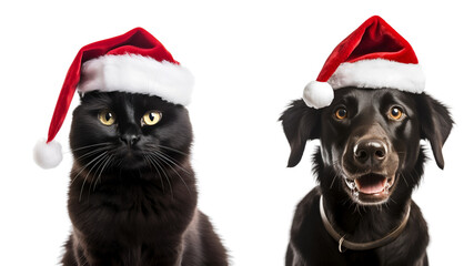 Christmas Pet Ensemble: Black Dog and Cat in Santa Claus Hat isolated on transparent background - Generative AI	
