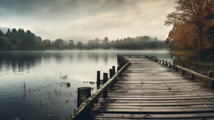 Capture the weathered textures of a wooden fishing pier on a tranquil lake.