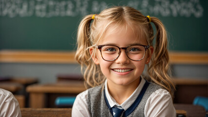 Happy schoolgirl with glasses on chalkboard background
