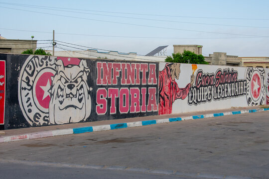 6.11.23 El Jem, Tunisia: Street art  Political Graffiti on walls in City of El Jem Tunisia. 