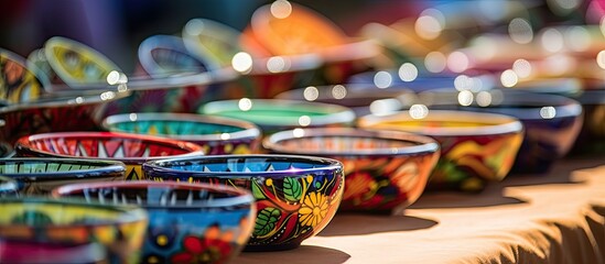 At the colorful market, a wide array of beautifully crafted handmade ceramic products caught the...