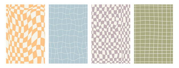Set abstract groovy 70s seamless patterns. Checkerboard or pool hippie backgrounds. Y2k aesthetic. Vector texture.