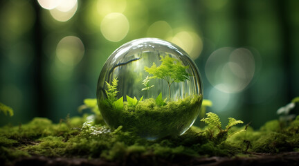 Glass globe encircled by verdant forest flora, symbolizing nature, environment, sustainability, ESG, and climate change awareness
