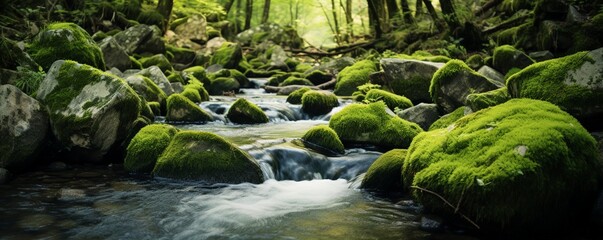Fototapeta premium Focus on the textured patterns of a clear mountain stream running over mossy rocks.