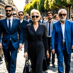 old elegant business lady marching along a street of a big city. she is surrounded by four bodyguards. They all wear sunglasses and have expressionless faces.