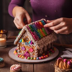 Creating a New Year's gingerbread house. Hands with glazed cord. We assemble a gingerbread house on a wooden table. Multicolored parts of a gingerbread house, AI generator