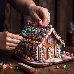 Creating a New Year's gingerbread house. Hands with glazed cord. We assemble a gingerbread house on a wooden table. Multicolored parts of a gingerbread house, AI generator