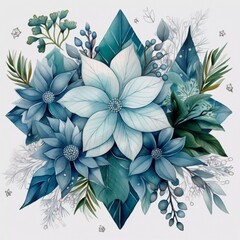 Winter Christmas plants, leaves, branches, flowers in a blue-green watercolor rhombus, AI generator