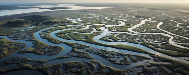 Focus on the textured patterns of a river delta merging into the ocean.