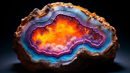 Glowing Geode: A mesmerizing geode slice with vibrant crystalline formations illuminated by soft light.